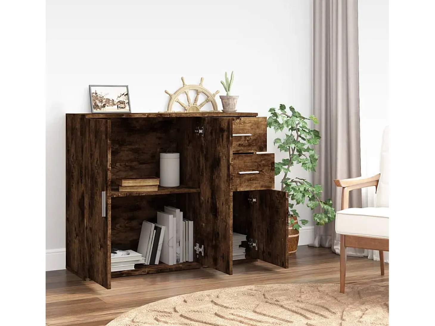 Aparador de roble ahumado 91x29,5x75 cm Madera de ingeniería