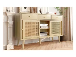 Aparador de roble con 3 cajones y 3 puertas correderas, malla de ratán, patas de madera maciza, tirador dorado, 120 x 40 x 78 cm