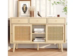 Aparador de roble con 3 cajones y 3 puertas correderas, malla de ratán, patas de madera maciza, tirador dorado, 120 x 40 x 78 cm