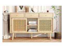 Aparador de roble con 3 cajones y 3 puertas correderas, malla de ratán, patas de madera maciza, tirador dorado, 120 x 40 x 78 cm