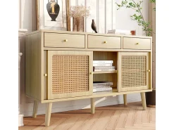 Aparador de roble con 3 cajones y 3 puertas correderas, malla de ratán, patas de madera maciza, tirador dorado, 120 x 40 x 78 cm