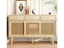 Aparador de roble con 3 cajones y 3 puertas correderas, malla de ratán, patas de madera maciza, tirador dorado, 120 x 40 x 78 cm