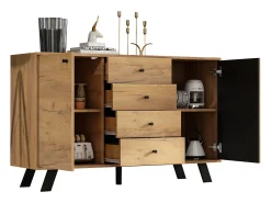 Aparador de salón - 120 x 38 x 75 cm - con 4 cajones + 2 puertas - mesa auxiliar - MDF - natural
