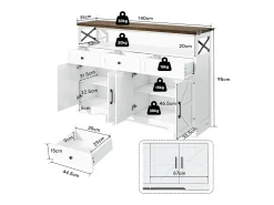Aparador de salón - Aparador blanco con 3 cajones de almacenaje y 4 puertas - tapa de madera - tiradores negros