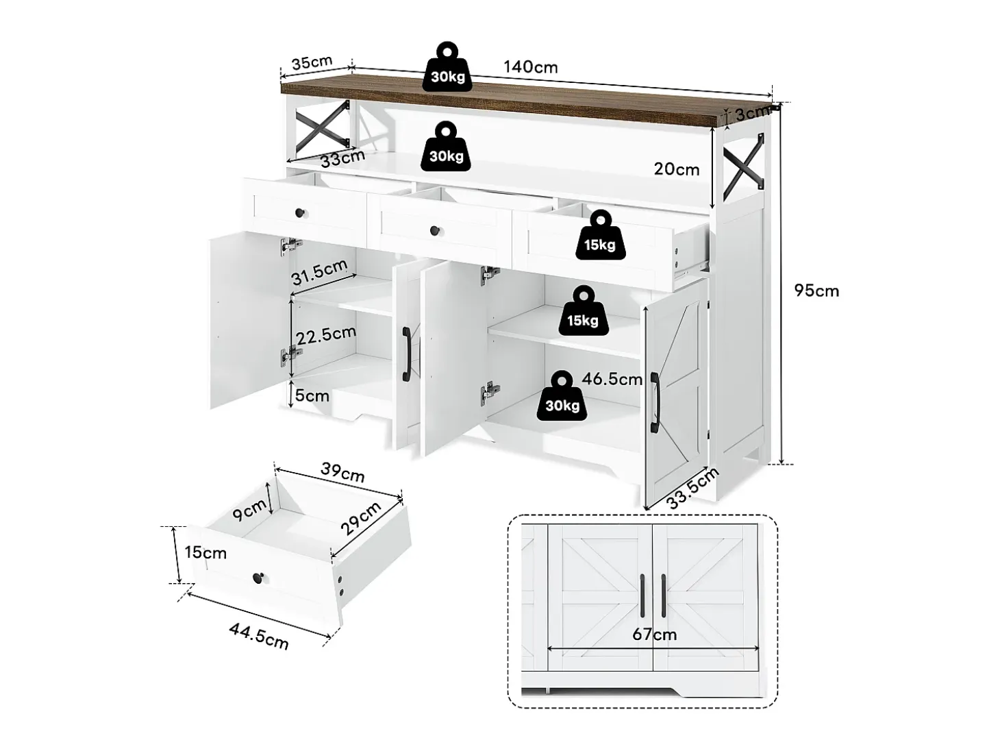 Aparador de salón - Aparador blanco con 3 cajones de almacenaje y 4 puertas - tapa de madera - tiradores negros