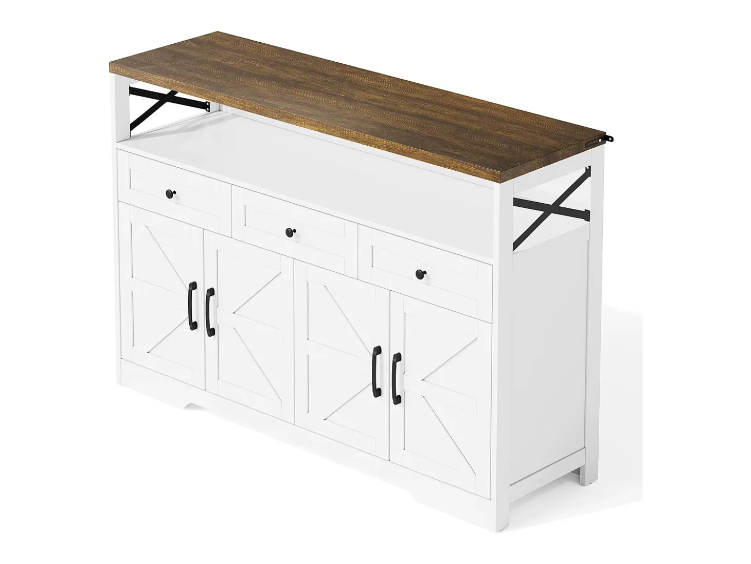 Aparador de salón - Aparador blanco con 3 cajones de almacenaje y 4 puertas - tapa de madera - tiradores negros