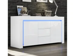 Aparador de salón brillante con 3 cajones + 2 puertas + LED - 140 x 40 x 65 cm - MDF - blanco