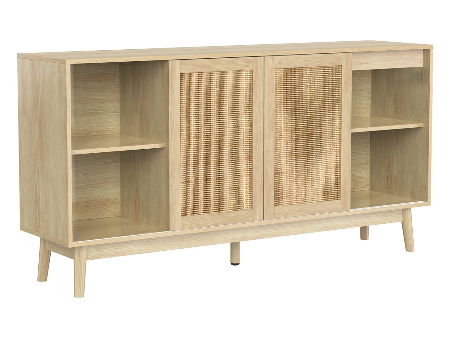 Aparador de salón con 3 puertas correderas de ratán auténtico y 2 cajones, mueble de almacenaje, madera
