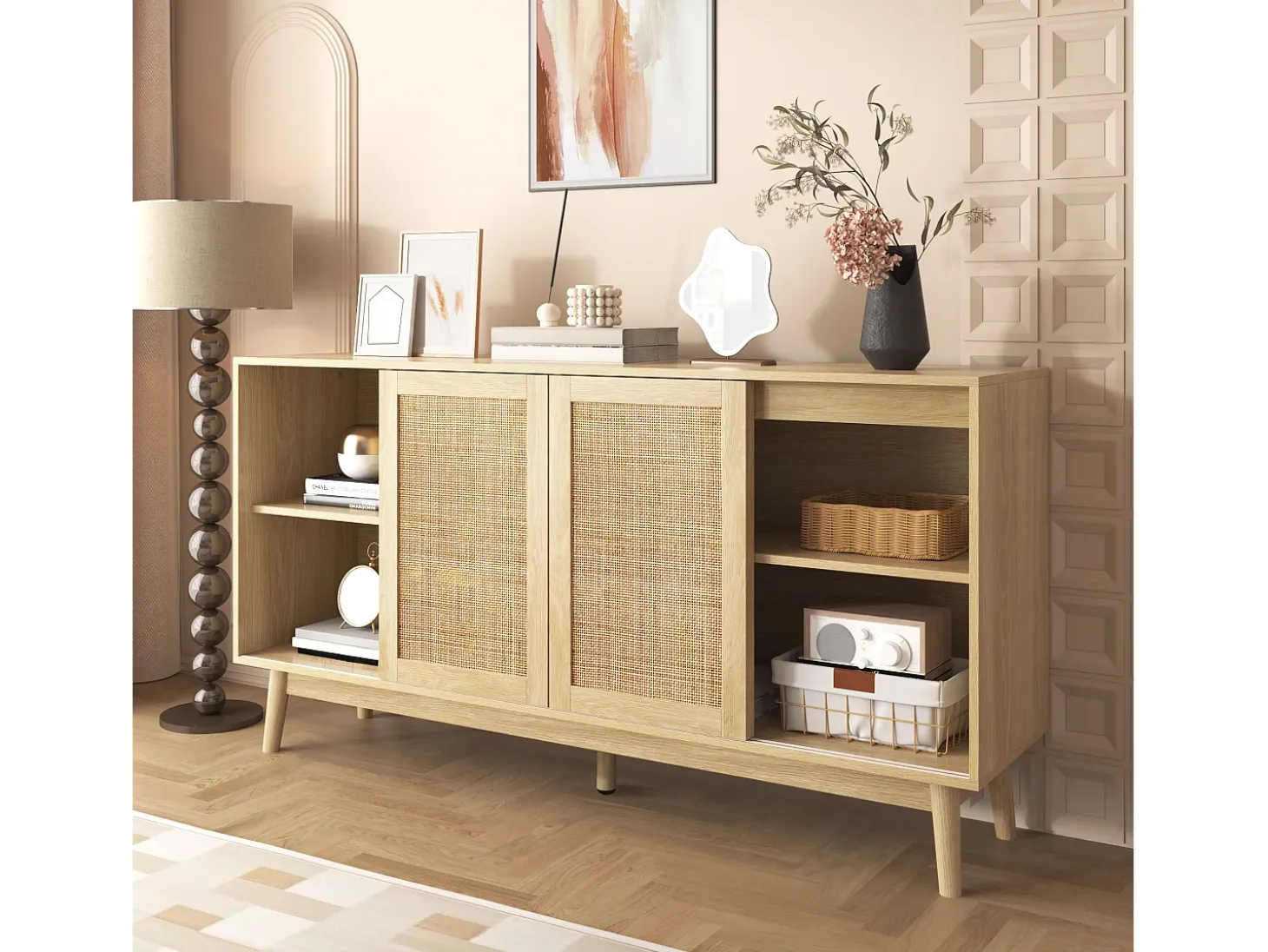Aparador de salón con 3 puertas correderas de ratán auténtico y 2 cajones, mueble de almacenaje, madera