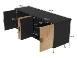 Aparador de salón con 4 puertas, tiradores dorados cepillados y patas de mesa brillantes, color negro.