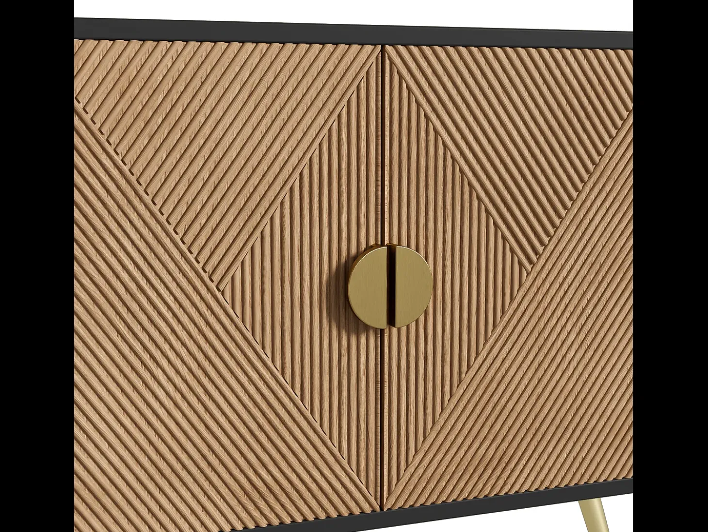 Aparador de salón con 4 puertas, tiradores dorados cepillados y patas de mesa brillantes, color negro.