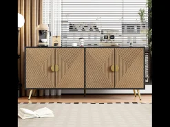 Aparador de salón con 4 puertas, tiradores dorados cepillados y patas de mesa brillantes, color negro.