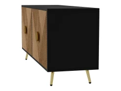 Aparador de salón con 4 puertas, tiradores dorados cepillados y patas de mesa brillantes, color negro.