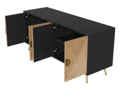 Aparador de salón con 4 puertas, tiradores dorados cepillados y patas de mesa brillantes, color negro.