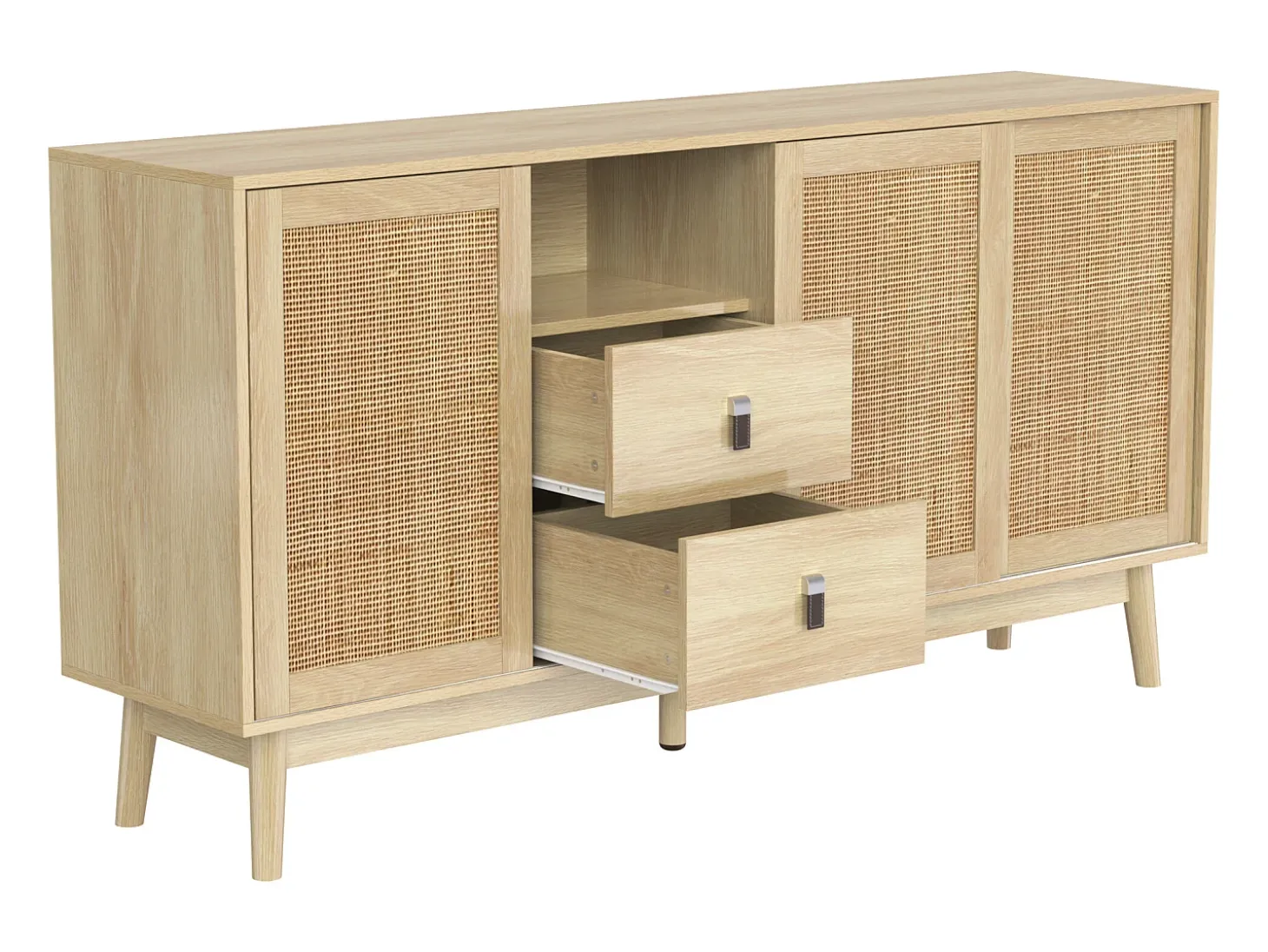 Aparador de salón con 3 puertas correderas de ratán auténtico y 2 cajones, mueble de almacenaje, madera