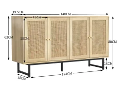 Aparador de salón de 140 cm con 4 puertas de ratán, estante ajustable y patas de metal.
