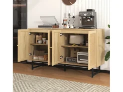 Aparador de salón de 140 cm con 4 puertas de ratán, estante ajustable y patas de metal.