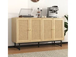 Aparador de salón de 140 cm con 4 puertas de ratán, estante ajustable y patas de metal.