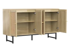 Aparador de salón de 140 cm con 4 puertas de ratán, estante ajustable y patas de metal.