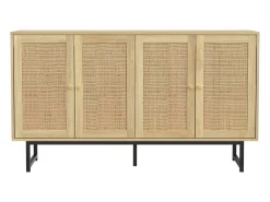 Aparador de salón de 140 cm con 4 puertas de ratán, estante ajustable y patas de metal.