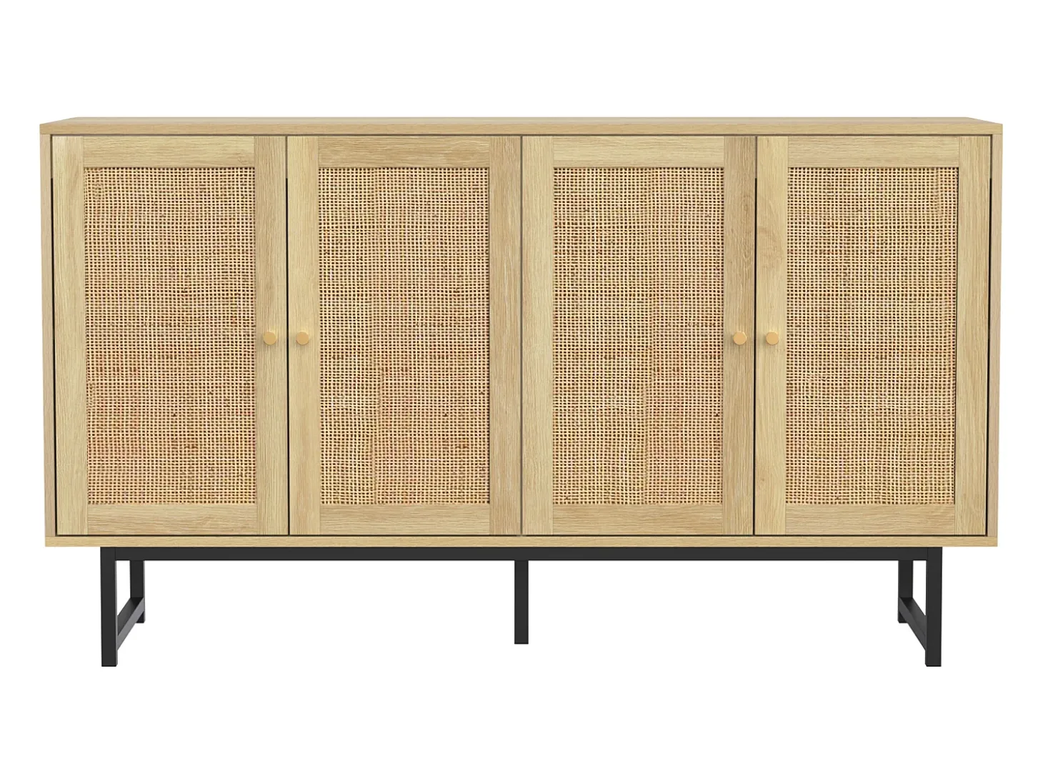 Aparador de salón de 140 cm con 4 puertas de ratán, estante ajustable y patas de metal.