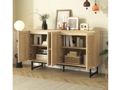 Aparador de salón de 140 cm con 4 puertas de ratán, estante ajustable y patas de metal.