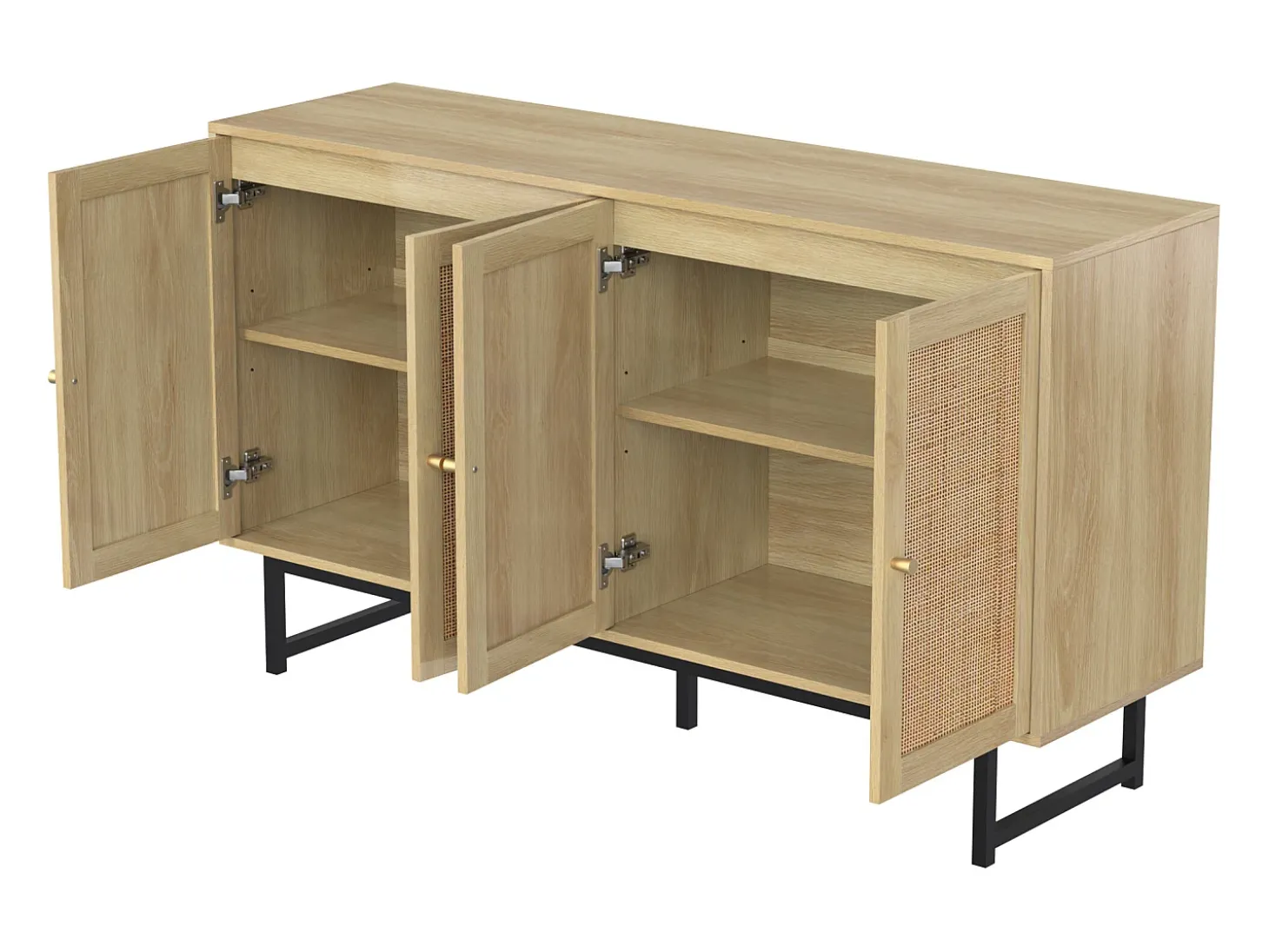 Aparador de salón de 140 cm con 4 puertas de ratán, estante ajustable y patas de metal.