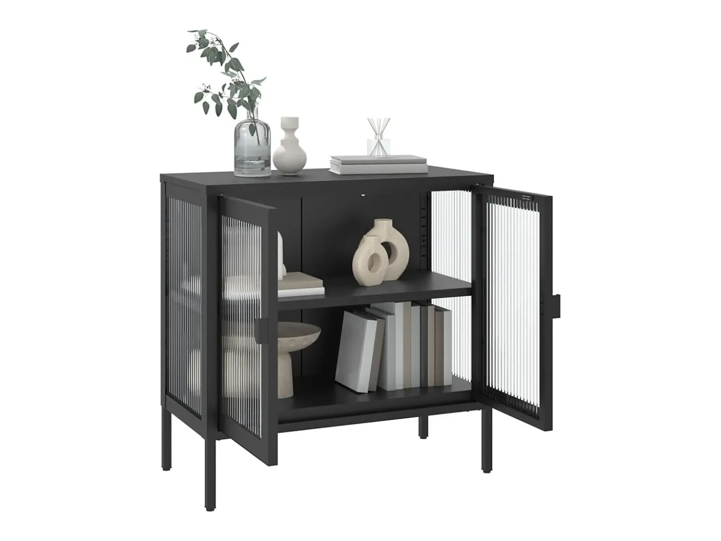 Aparador de vidrio y acero negro 70x35x70 cm ES240617