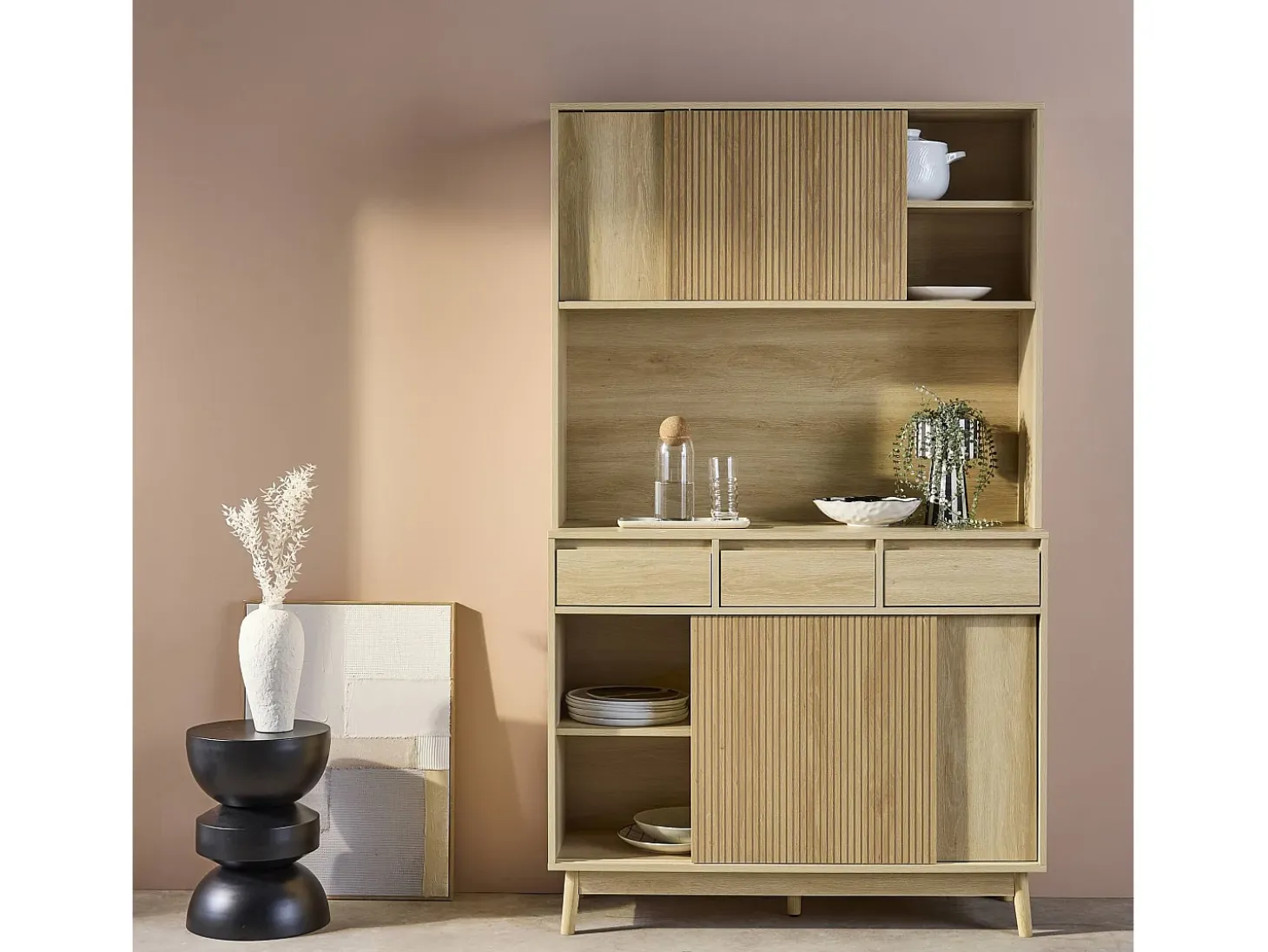 Aparador decorado en madera 4 puertas 3 cajones, 110cm natural