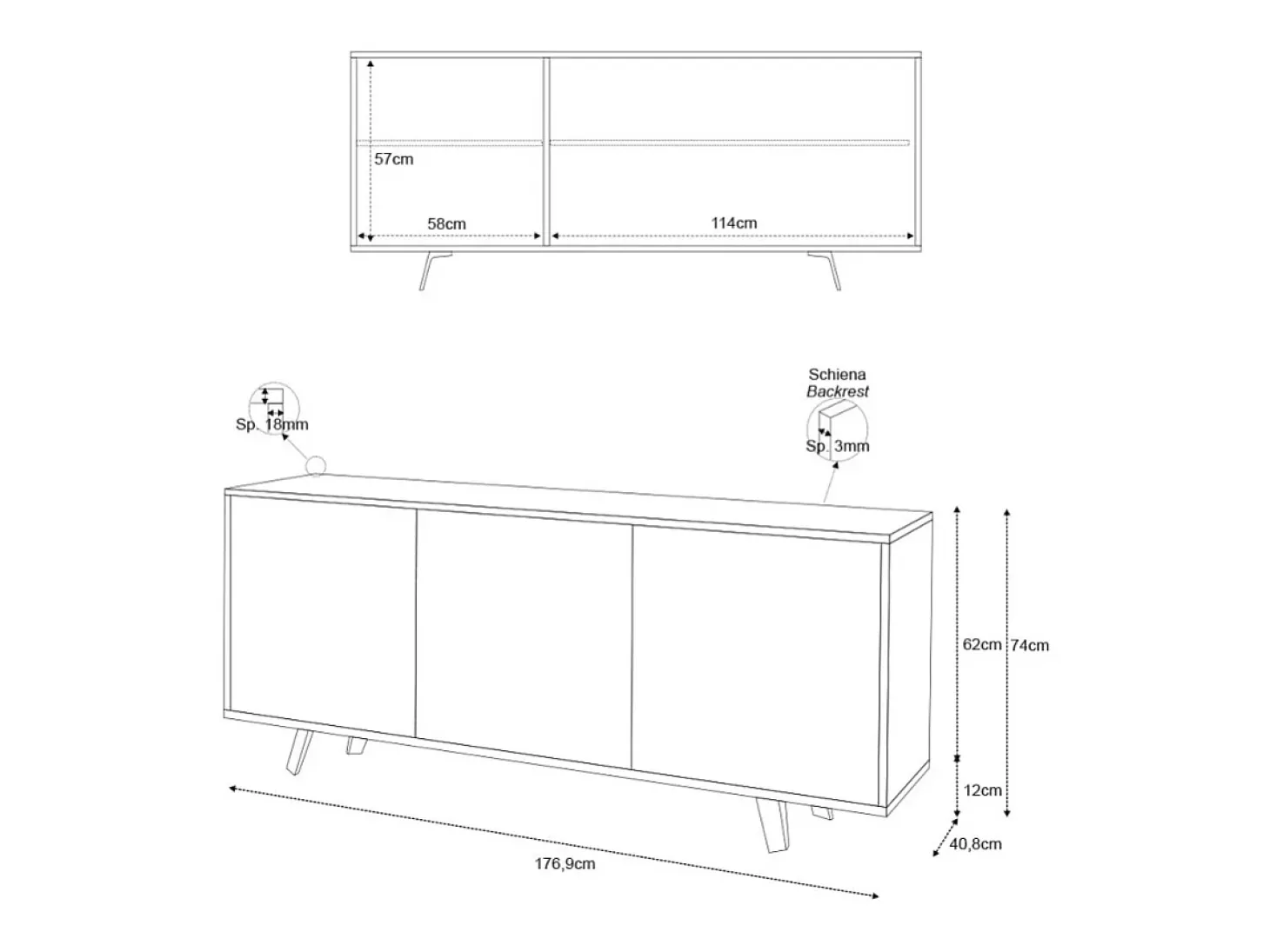 Aparador diseño moderno 3 puertas aparador salón cocina Perth - Negro - Blanco