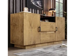 Aparador efecto roble - 140 x 40 x 70 cm - con 2 cajones + 2 puertas + balda - madera + metal - natural