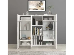Aparador Egypt con 3 puertas e inserciones de cristal expositor blanco brillo 135x40x120 cm