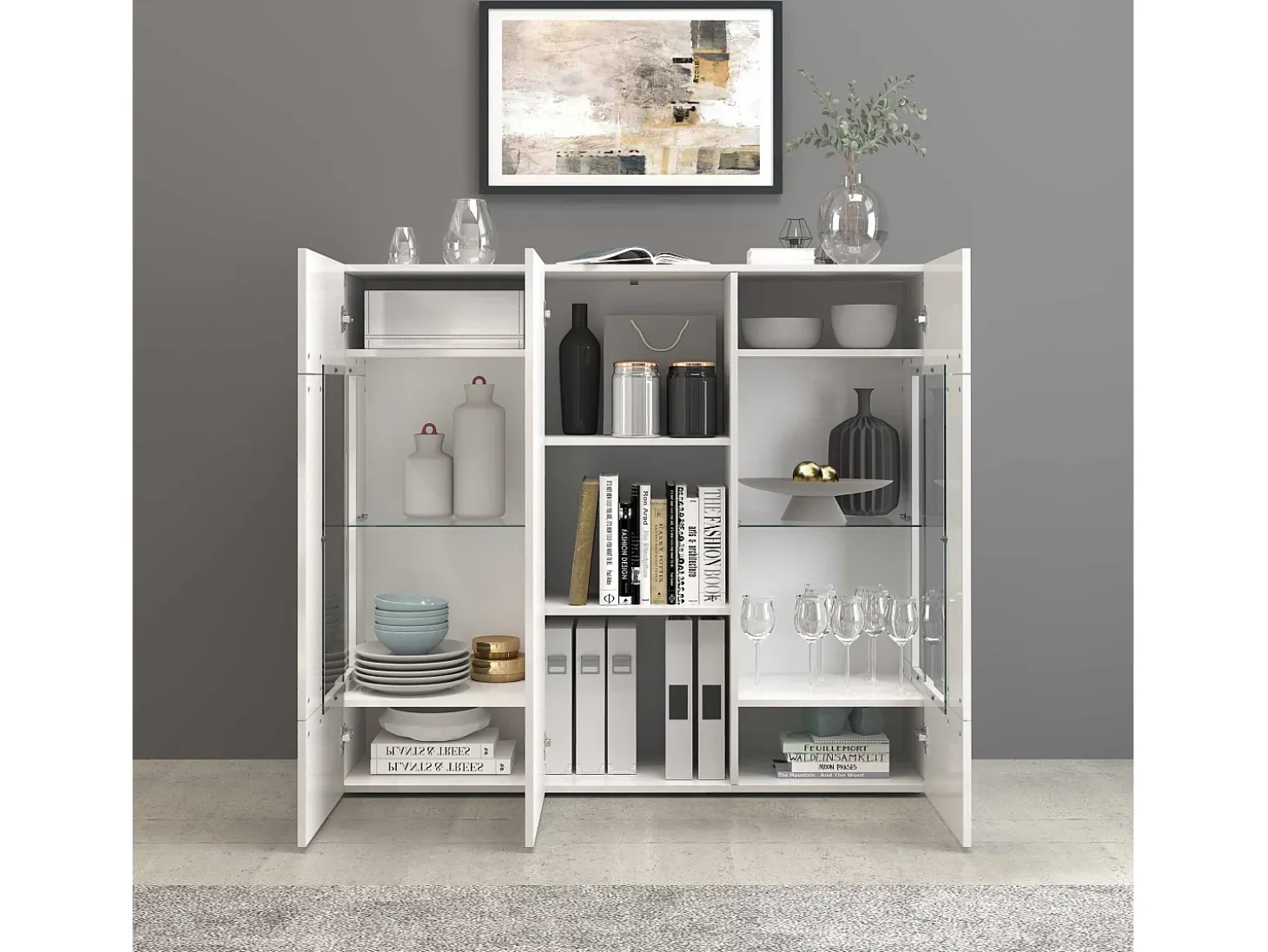 Aparador Egypt con 3 puertas e inserciones de cristal expositor blanco brillo 135x40x120 cm