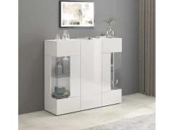 Aparador Egypt con 3 puertas e inserciones de cristal expositor blanco brillo 135x40x120 cm
