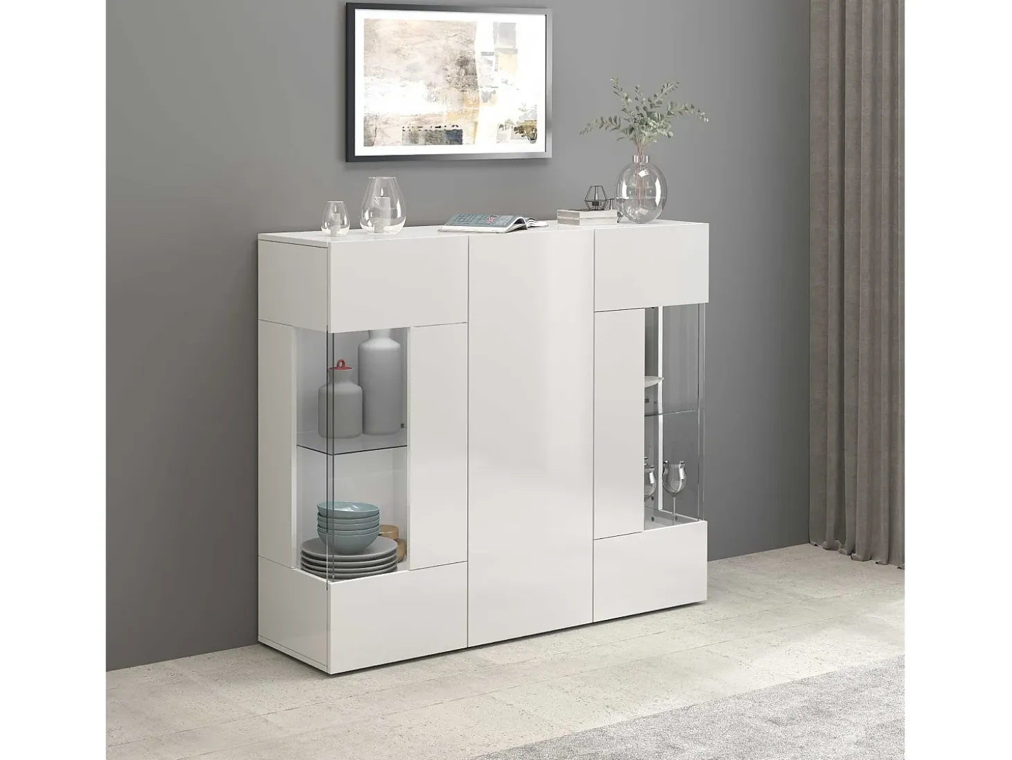 Aparador Egypt con 3 puertas e inserciones de cristal expositor blanco brillo 135x40x120 cm