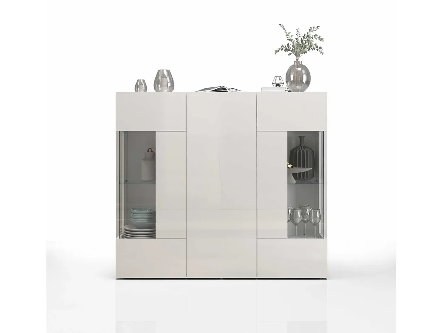 Aparador Egypt con 3 puertas e inserciones de cristal expositor blanco brillo 135x40x120 cm