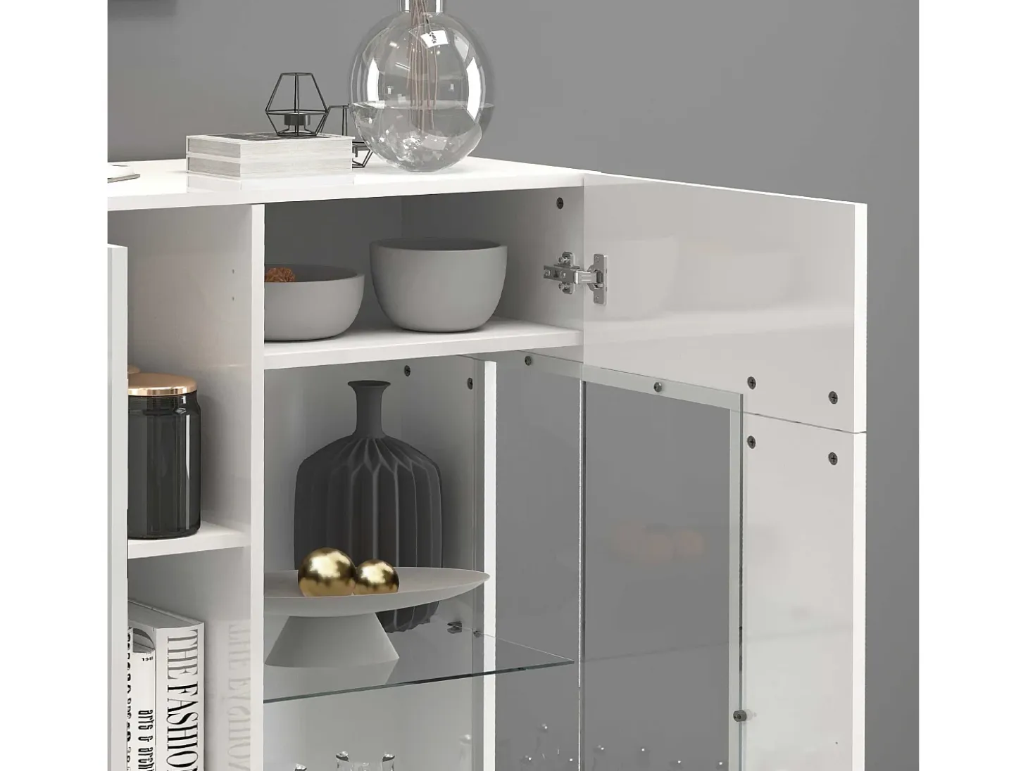 Aparador Egypt con 3 puertas e inserciones de cristal expositor blanco brillo 135x40x120 cm