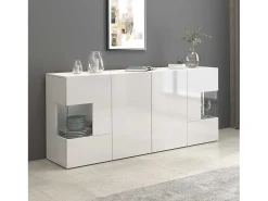 Aparador Egypt con 4 puertas con inserciones de cristal expositor blanco brillo 180x40x80 cm