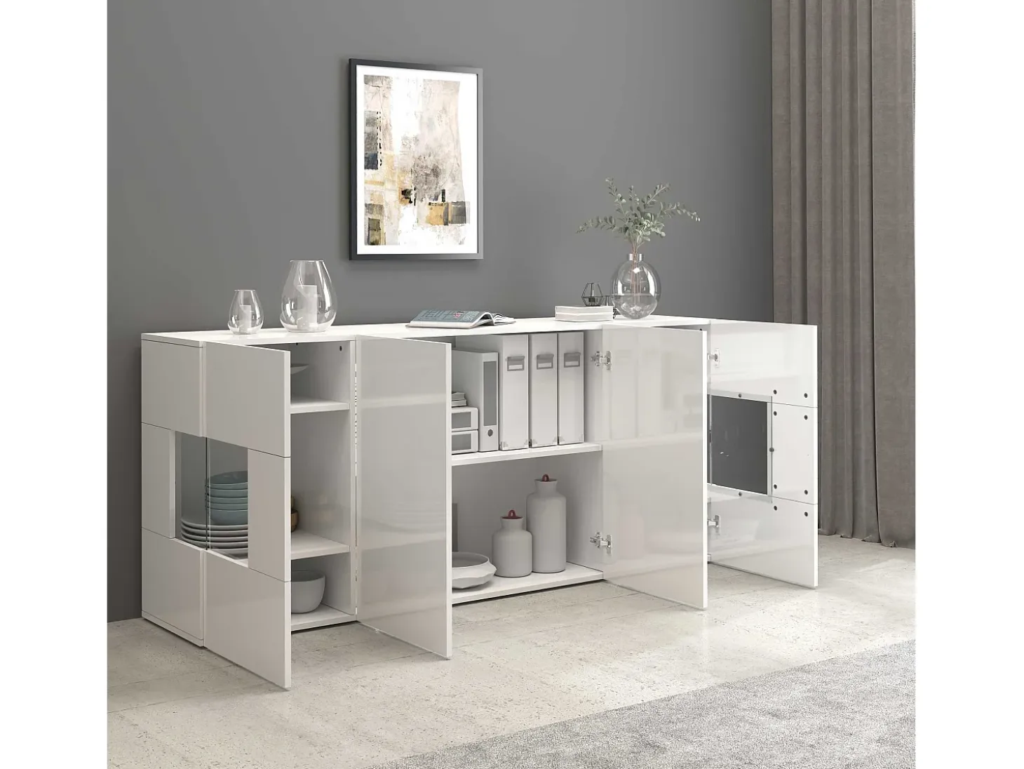 Aparador Egypt con 4 puertas con inserciones de cristal expositor blanco brillo 180x40x80 cm