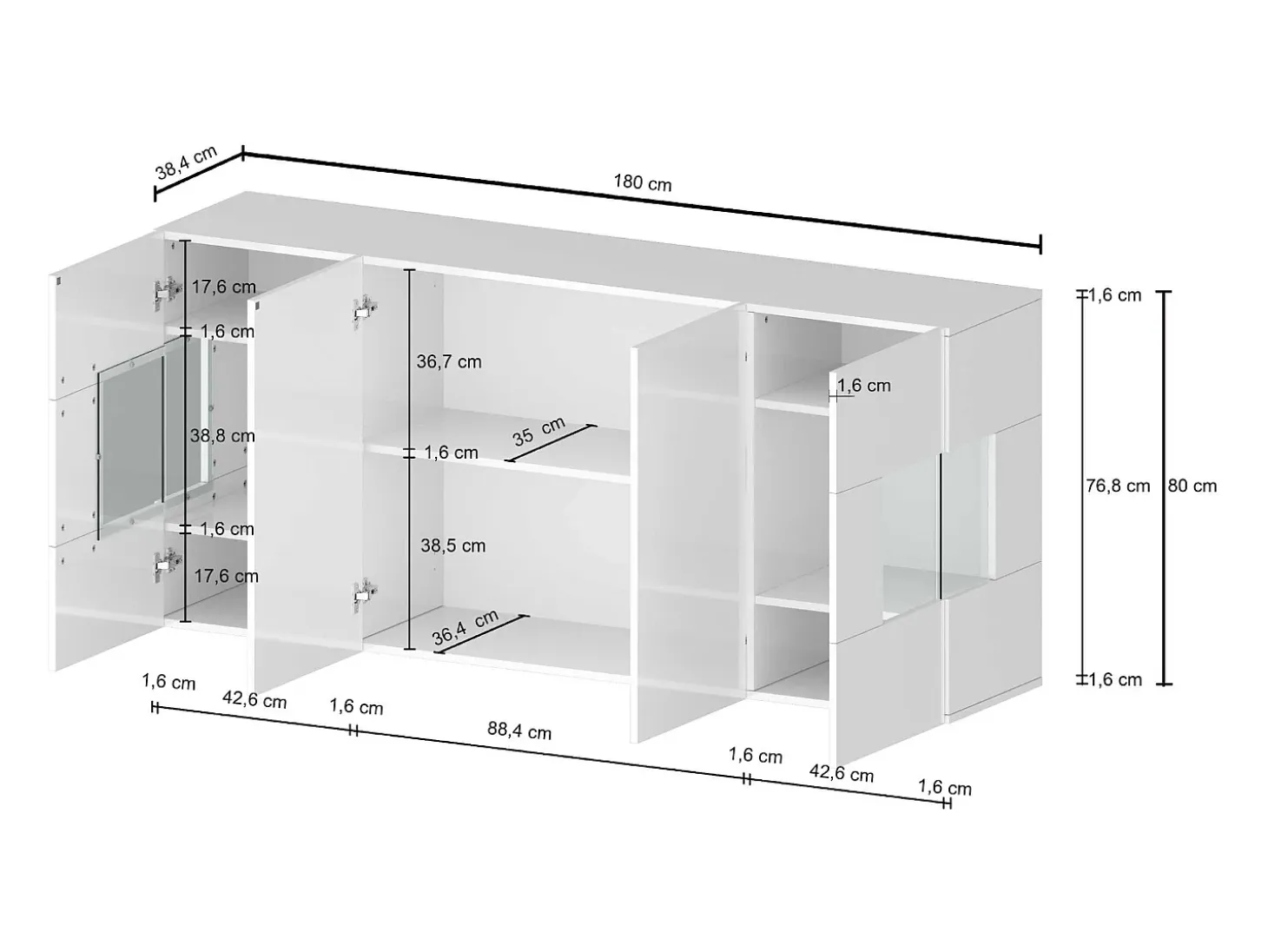 Aparador Egypt con 4 puertas con inserciones de cristal expositor blanco brillo 180x40x80 cm