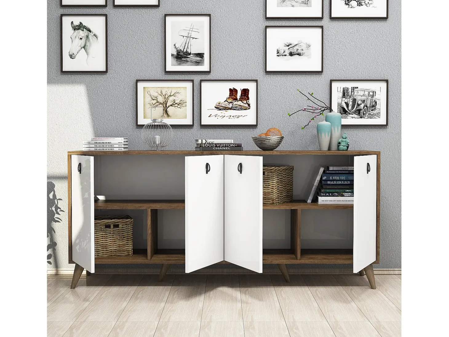 Aparador Elite 1612 blanco color nogal 180x45x80 cm