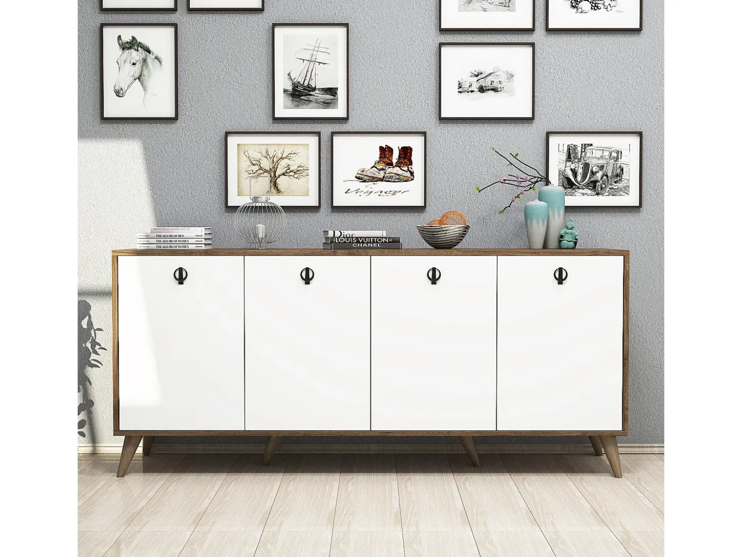 Aparador Elite 1612 blanco color nogal 180x45x80 cm