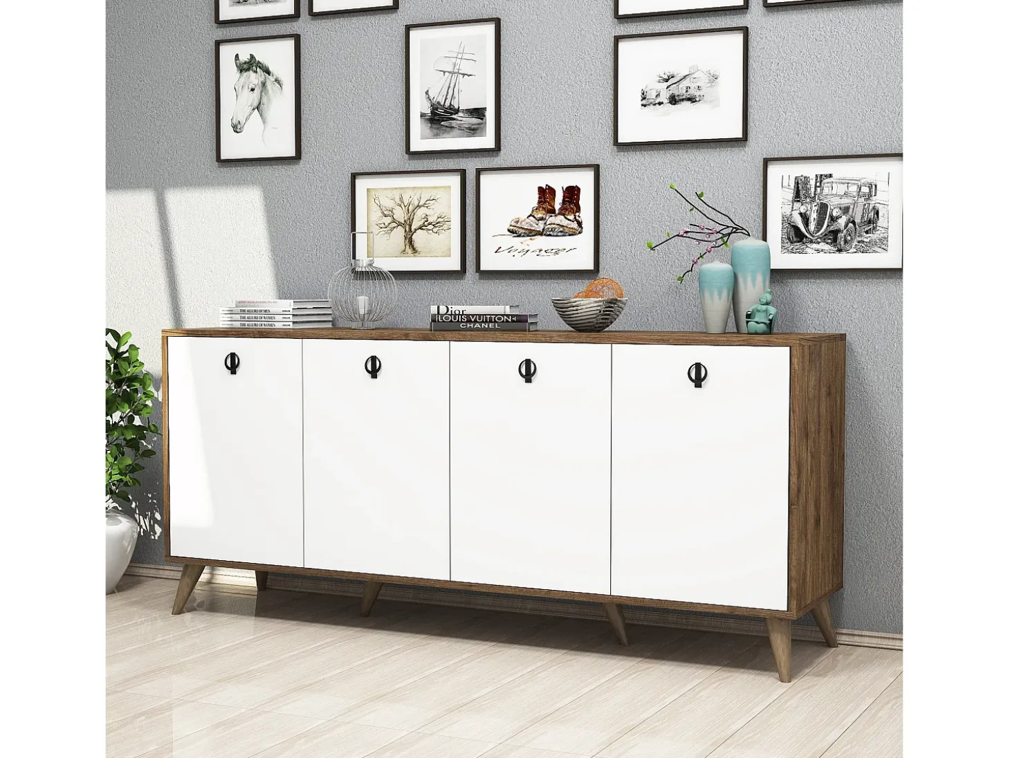 Aparador Elite 1612 blanco color nogal 180x45x80 cm