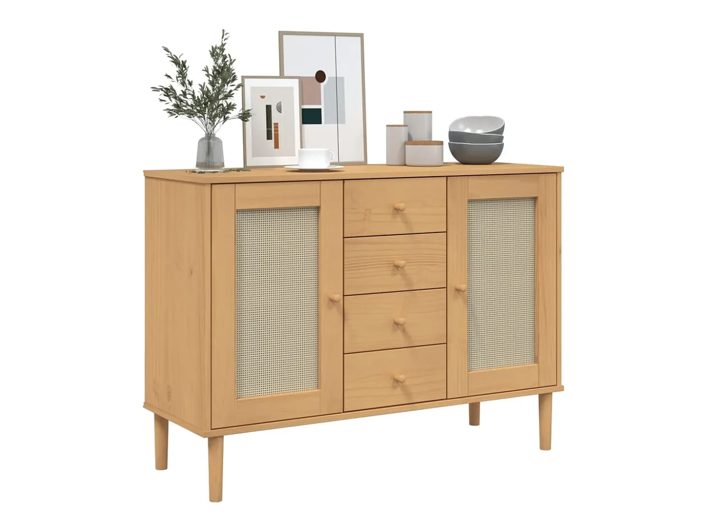 Aparador en imitación ratán marrón 112x40x80cm madera maciza de pino
