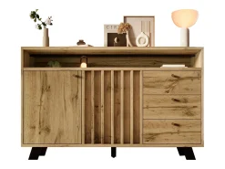 Aparador estilo vintage para salón - 120 x 40 x 85 cm - con 3 cajones + 2 puertas + balda abierta + frente de listones - madera - natural oscuro