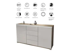 Aparador Faro V1 – Mueble con 2 Puertas y 4 Cajones, Armario con Tira de Luz LED, Roble Evoke / gris de alto brillo (138,5 x 75,5 x 35)