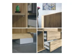 Aparador Faro V1 – Mueble con 2 Puertas y 4 Cajones, Armario con Tira de Luz LED, Roble Evoke / gris de alto brillo (138,5 x 75,5 x 35)