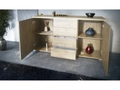 Aparador Faro V1 – Mueble con 2 Puertas y 4 Cajones, Armario con Tira de Luz LED, Roble Evoke / gris de alto brillo (138,5 x 75,5 x 35)