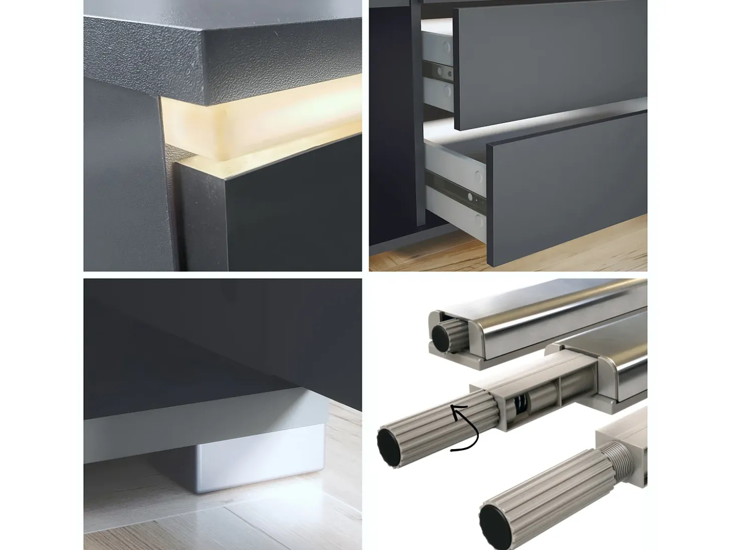 Aparador Faro V2 – Mueble con 2 Puertas y 4 Cajones, Armario con Tira de Luz LED, antracita mate / hormigón oxidado (166,5 x 75,5 x 35)