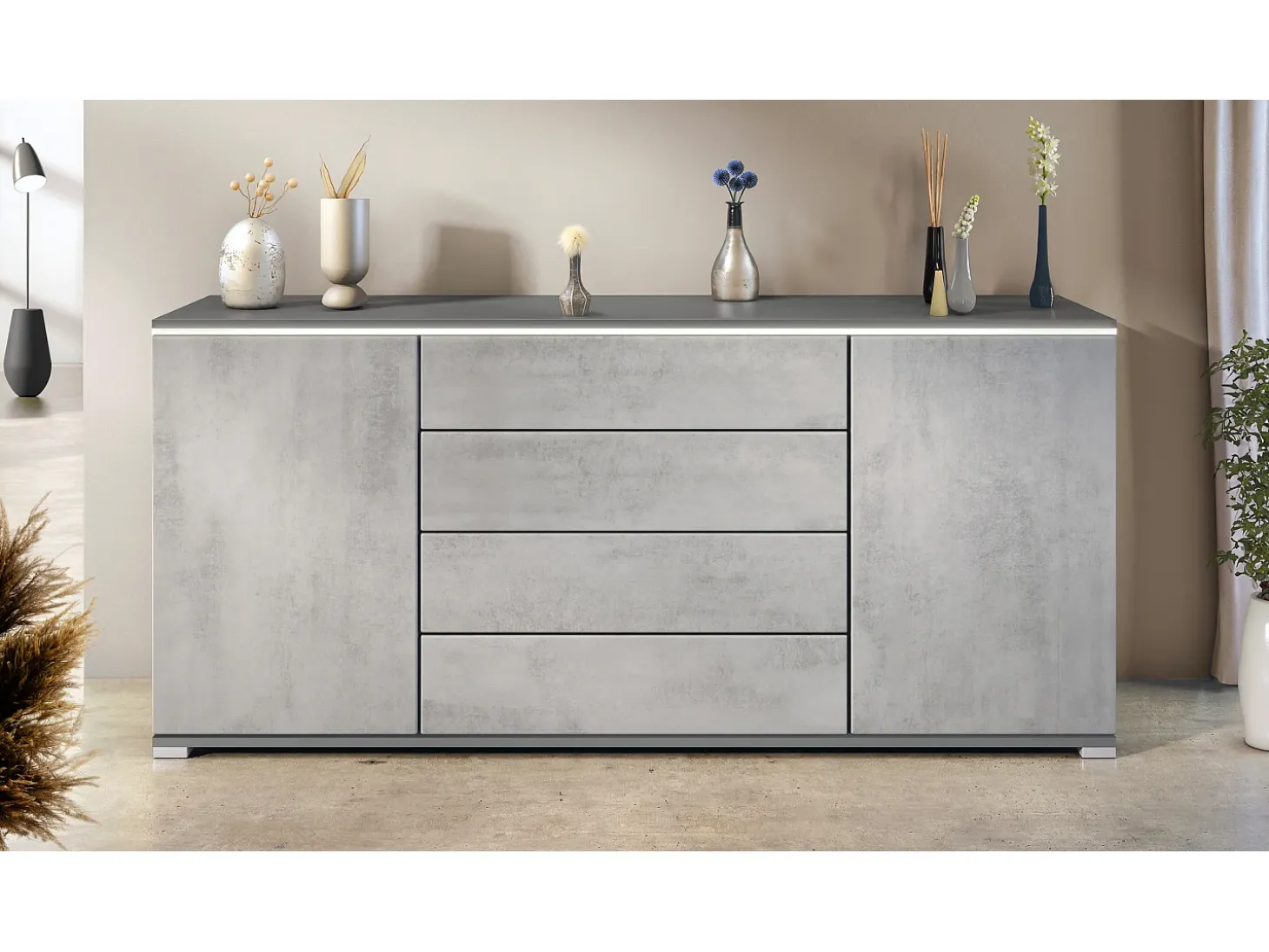 Aparador Faro V2 – Mueble con 2 Puertas y 4 Cajones, Armario con Tira de Luz LED, antracita mate / hormigón oxidado (166,5 x 75,5 x 35)